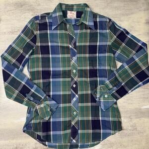 EUC Vintage Dibs 1970’s 70’s Blue Green Plaid Pointed Collar Shirt Size Small